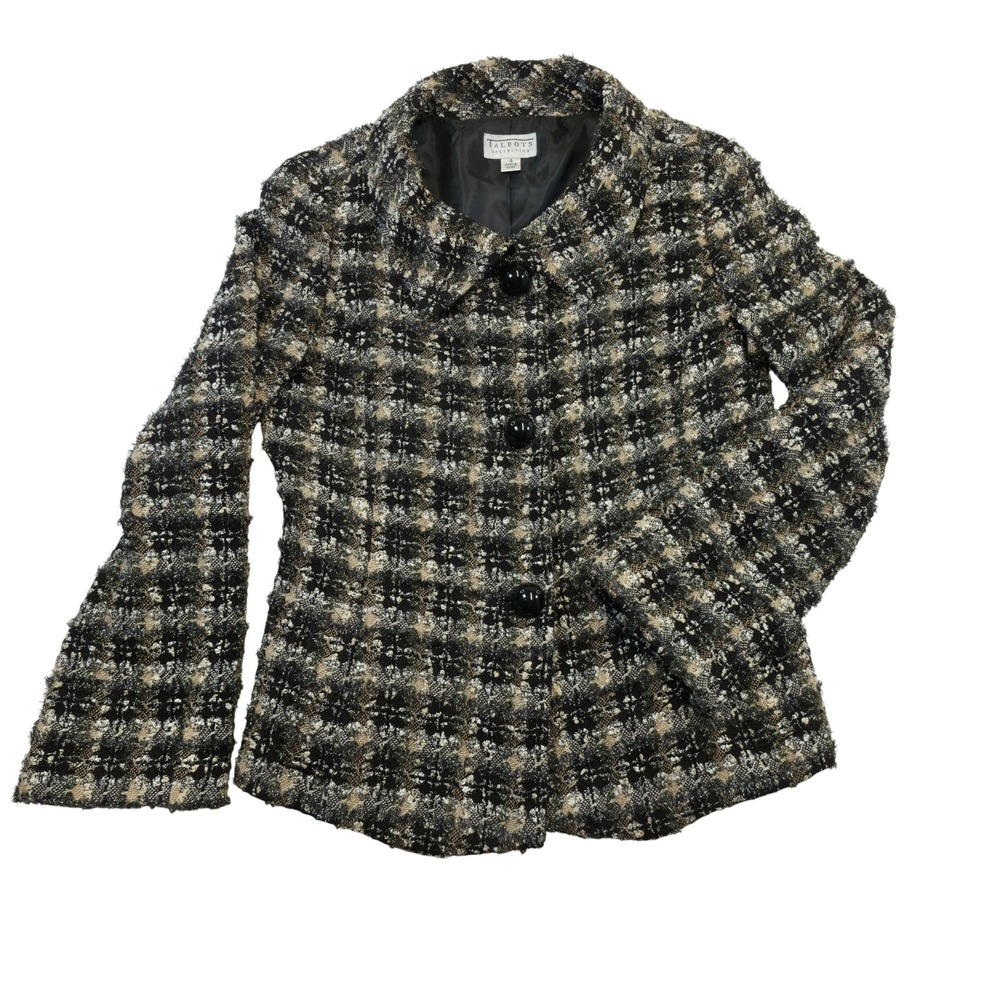 Talbots Collection Tweed Jacket Size 10 Wool Blend Black Beige Career Chic